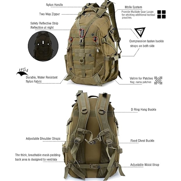 35L taktinen reppu, armeijan sotilasreppu, vedenpitävä vaellus-, retkeily-, pyöräily- ja matkareppu, ulkoilureppu miehille ja naisille CP Color