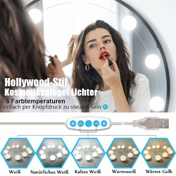 Meikkipeililamppu, Hollywood-kosmeettinen peililamppu 5 väritilalla ja 10 himmennettävällä lampulla meikkipeiliin ja meikkipöytään