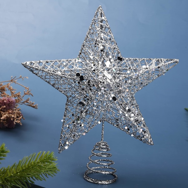 Sølv Metall Juletre Topper Glitrende Juletretopp Hallow Wire Star Topper for Julefest Hjemmedekorasjon, 8 Tommer silver