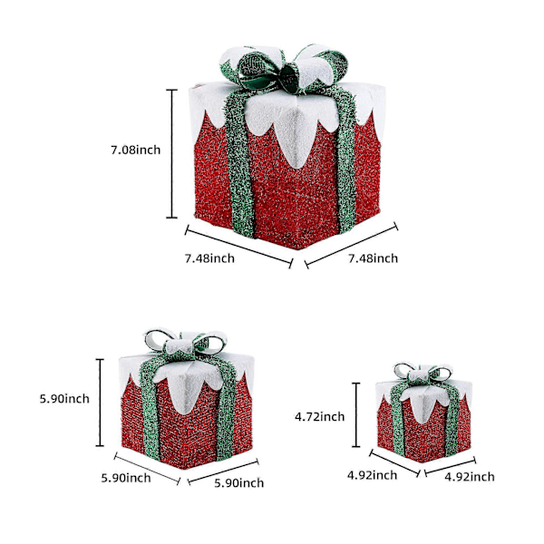 Set med 3 LED-presentaskar Julaskar, upplysta röda askar med 60 LED-ljussträng för jul inomhus utomhus hem trädgård festdekoration