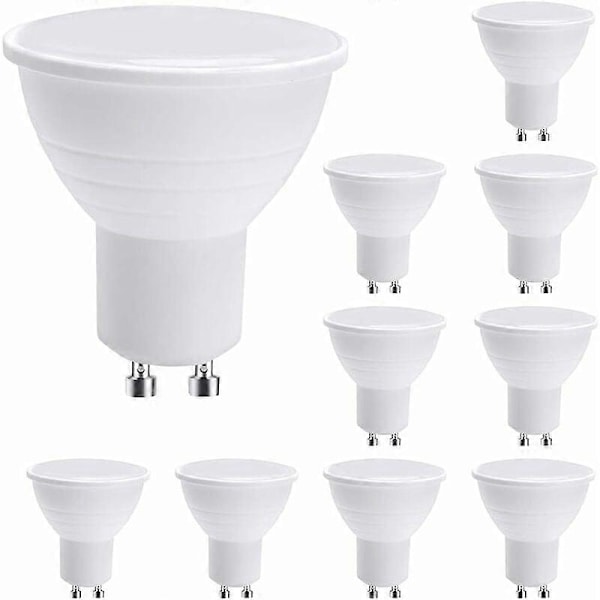 Paket med 10 GU10 LED-lampor, 7 W kallvit (motsvarar 50 W halogen), energisparlampa, ljusflöde 600 lm 120° ej dimbar.