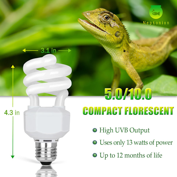 UVA UVB 5.0 Reptilpære, 13W Dobbeltvirkende UV-lyspære, Kompakt Fluorescerende Lampe, Egnet til Regnskovsreptiler