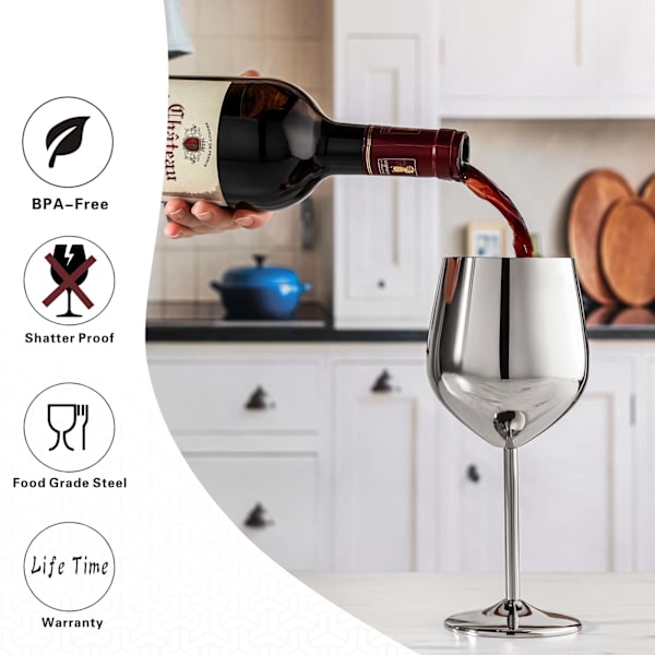 Silver Vin Glas Set med 4, 550ml Okrossbart Silverbägare, Rostfritt Stål Vinglas, Unikt och Bärbart Metall Vinglas Silver