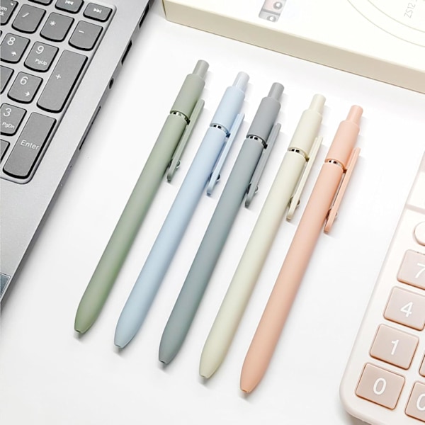 Sæt med 5 Premium Japanske Sorte Gel Penne, med 0,5 mm Fin Spids, Silikone Grip, Metal Clip og Udtrækkelig Kuglepen, Lyse Toner (Morandi)