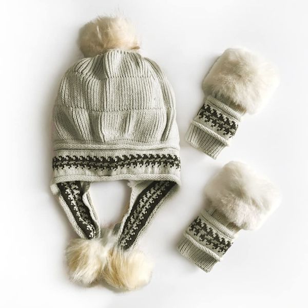 Damhattset Fluffig Vintermössa Stickad Beanie Utomhus Plyschfodrad Rysshatt Pompom Öronlapp med Vantar, beige Beige