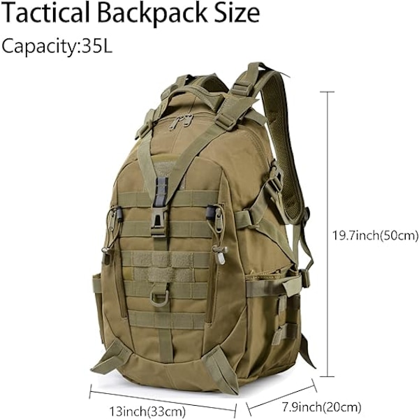 35L taktinen reppu, armeijan sotilasreppu, vedenpitävä vaellus-, retkeily-, pyöräily- ja matkareppu, ulkoilureppu miehille ja naisille Khaki