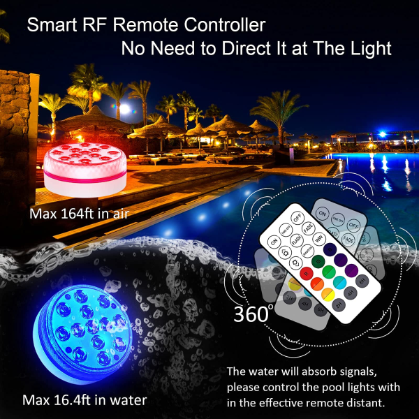 LED svømmebassenglampe nedsenkbare lys, LED svømmebassengbelysning Belysningstid 30-50 timer IP68 Vanntett 16 RGB farger dekorative lamper (4 stk)