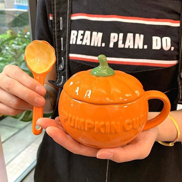 Halloween Keramisk Græskar Krus，Sød Græskar Kop, Keramisk Kaffe Kops, 350ml Te Kop med Låg（ske+kop） S