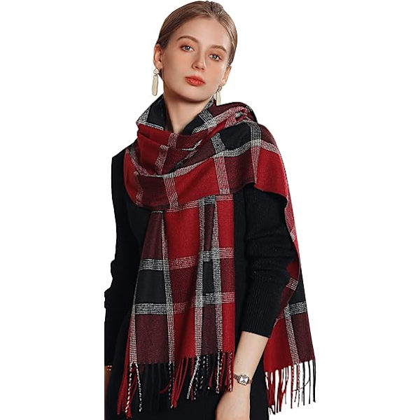 Vinter Tartan Tørklæde til Kvinder, Cashmere-lignende Tørklæder, Lange Varme Slå-om, Pashmina Kvast-sjal, Stola, Valentinsdagsgaver, Tørklæder, Julegave Red