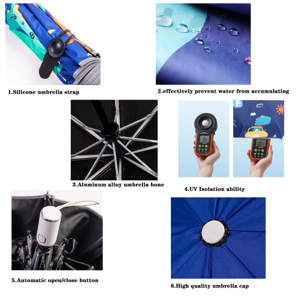 Automaattinen taittuva sateenvarjo UV-suojalla, matkasateenvarjo, yhdellä painikkeella avautuva ja sulkeutuva, piirretty dinosauruskuvio, iskunkestävä muotoilu, kannettava, veden- ja tuulenkestävä