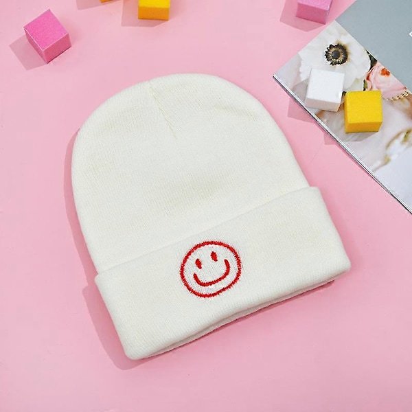 Unisex Slouchy Beanie, Varm Stickad Mössa, Höst- och vintermössa med smiley-ansikte, broderad ull stickad mössa