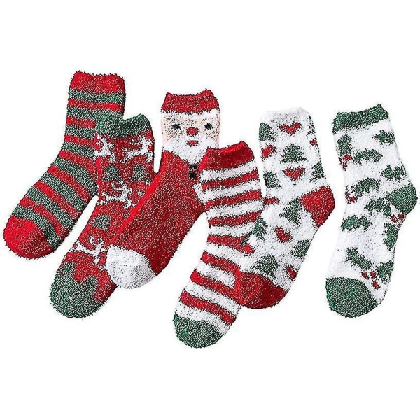 Hmwy-womens Christmas Fuzzy Socks 6 Par, Vintervarme, koselige innendørssokker