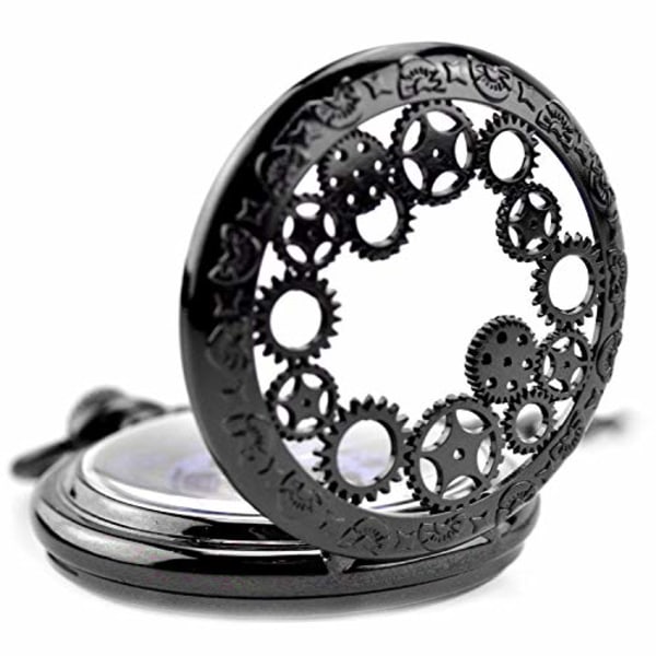 Black Hollow Gear Wheel Skjelett Håndvind Mekanisk lommeur med kjede