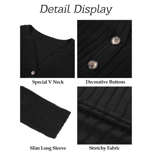 Langærmede overdele til kvinder Casual V-halstrøjer Dame Solid let strikket tunika med knap(XL)