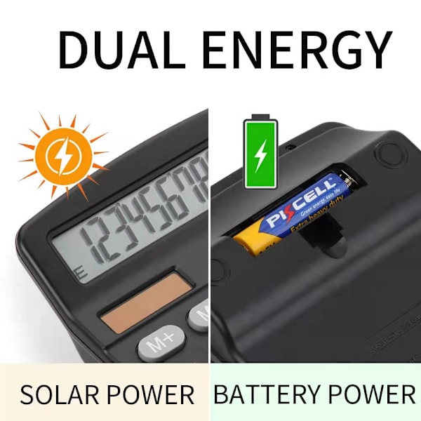 Bordberegner Sol- og Batteridrevet 12-cifret Stor LCD-skærm til Forretning Kontor Skole Hjem (sort)