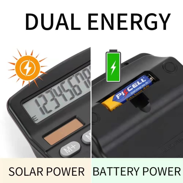 Työpöytälaskimet Aurinko- ja paristokäyttöiset 12-numeroinen suuri LCD-näyttö yrityksille, toimistoille, kouluille ja kotiin (musta)