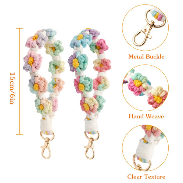 Håndlaget armbåndsnøkkelring med daisy-vev, armbåndslanyard i boho-stil, nøkkelring, B B