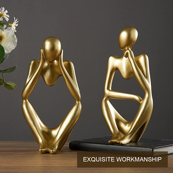 Nordisk Tenkerstatue 3 stk Abstrakt Tenkerskulptur Resin Tenkerfigur Moderne Håndverk Kunst for Kontor Hjem Skrivebordsdekorasjon (Gullfarget)