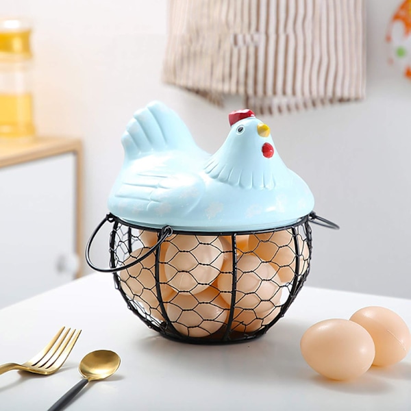 Eggoppbevaringskurv, med keramisk hønelokk, frukt- og snacksorganisator