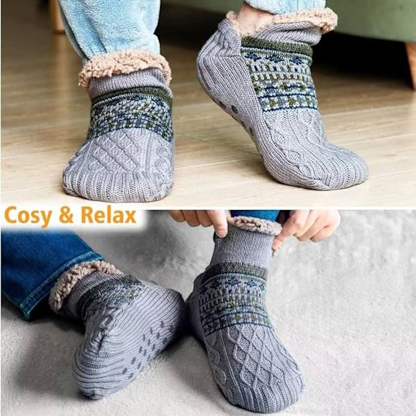 Toffelsockor för män och kvinnor, fluffiga strumpor med grepp, halkfri fleecefodring, termiskt stöd, julklapp L 43-45 Grey 43-45