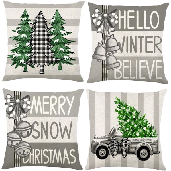 Christmas Cushion Covers, 18 x 18 Inch Set of 4 Grey Xmas Throw Pillow Covers Farmhouse Winter Square Pillow Case