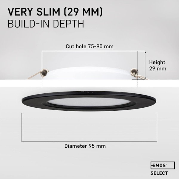 Indbygget LED Spotlight Downlight IP54 varm hvid 3000K | Sæt med 3 Ekstra Flade Runde LED Spotlights 7 Watt (7W) / 700 Lumen, Sort