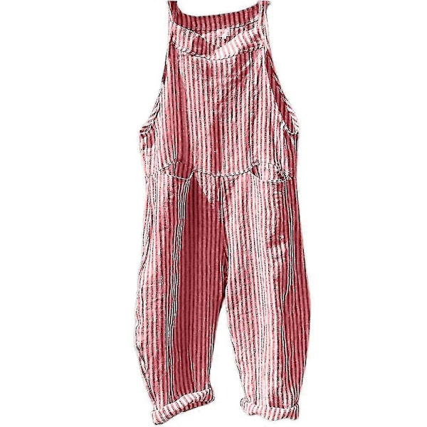Dame Bomuld Linned Stribet Jumpsuit, Dungarees Playsuit Overall, rød, M
