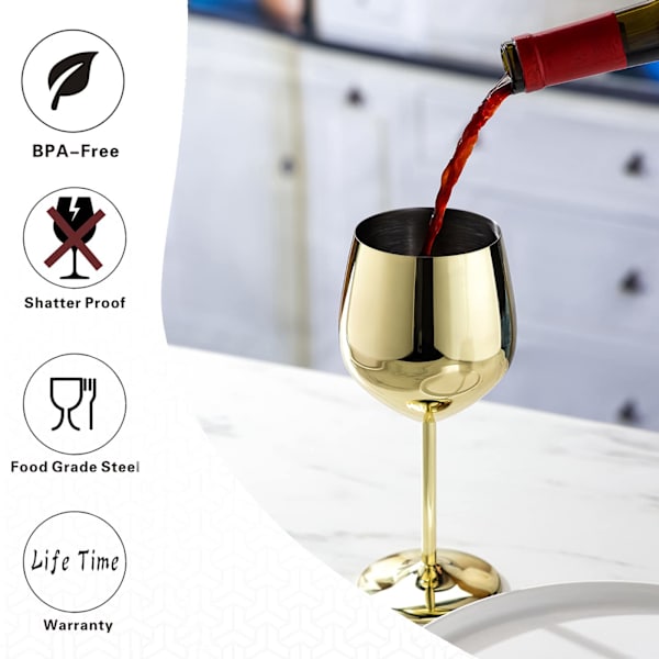 Guldvin Glas Set om 4, 550ml Okrossbart Guldbägare, Rostfritt Stål Vinglas, Unikt och Bärbart Metallvinglas Gold
