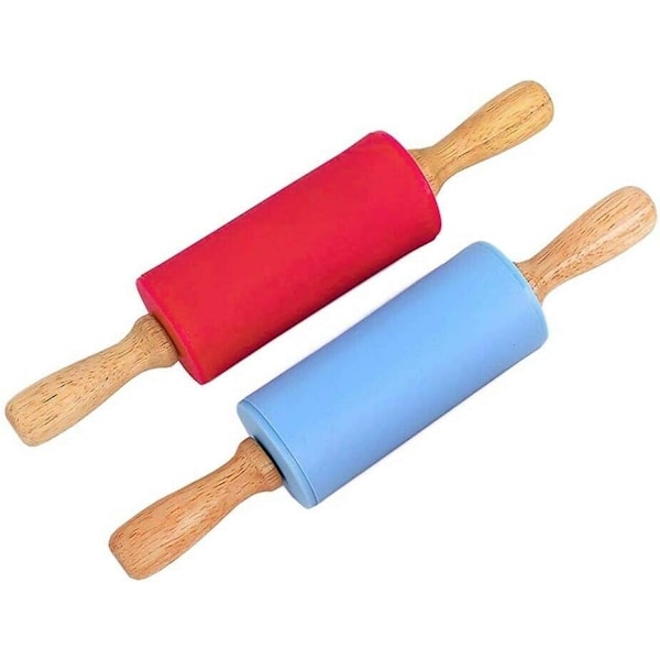 Lille kagerulle til børn, kagerulle med træhåndtag, non-stick silikonekagerulle Red,Peacock Blue