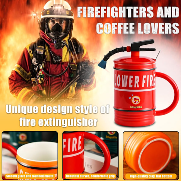 Kaffekrus formet som brandslukker, Personligt kaffekrus, Krus med låg og ske, 3D tekop