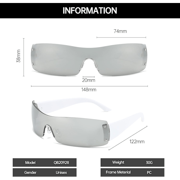 Dame Y2K Wrap Around Solbriller - Retro Sport Cykling Rammeløse UV400 Beskyttelse Futuristiske Solbriller til Mænd