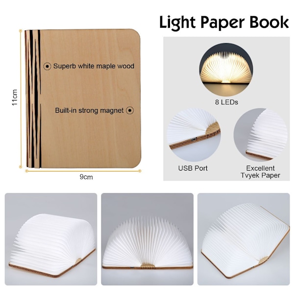 Boklampe i tre, LED sammenleggbar boklampe, USB oppladbar stemningsbelysning - Praktisk og vakker nattlampe, dekorative lys, magnetisk lampe for skrivebord/vegg