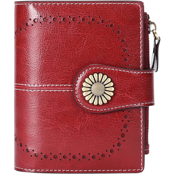 Naisten lompakko, nahkainen RFID-suojaus, lyhyt lompakko, jossa 16 korttipaikkaa (viininpunainen)