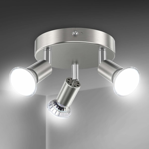 LED Taklampe Roterbar, 3-veis Rund Plate LED Takspotlys, Inkludert 3x4W GU10 LED Lyspærer, Kald Hvit, for Kjøkken, Stue 3 Way