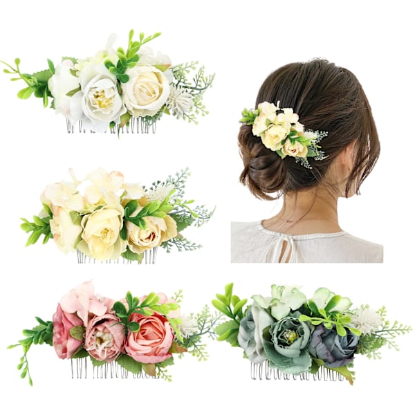 4 Pakke Kunstige Roseblomst Metall Sølv Hårkammer Sidekammer Hårspenner Bryllup Dekorativt Hodeplagg Hårknute Chignon Twist Hårtilbehør for Kvinner