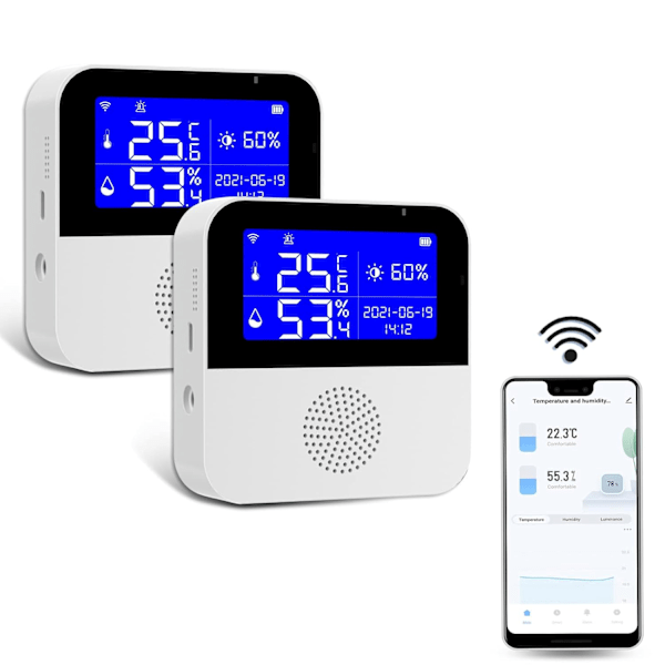 WiFi Temperatur Fugtighedsmonitor, med LCD Display Buzzer Alarm & App Alert Smart Temperatur Fugtighedssensor (2 stk)