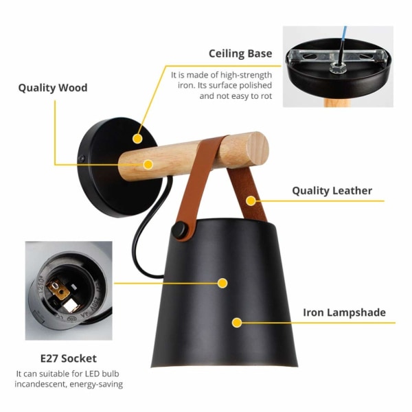 Vägglampa Sconce Modern Trä Läder Dekorativ Led Vägglampor E27 Bas Belysningsarmatur (Svart)