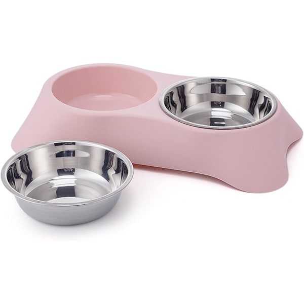 Dubbel Hundskål, Halkfri Dubbelskål i Rostfritt Stål med Spillskydd för Små Hundar och Katter (S, Rosa)