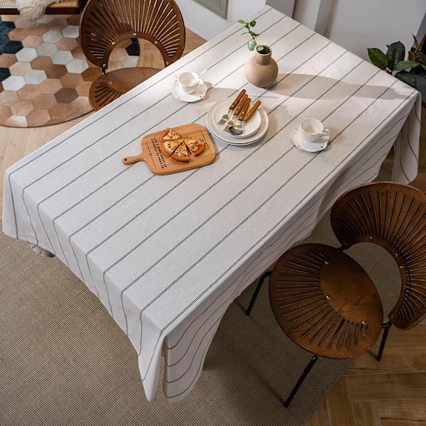 Bomulls Lin Farmhouse Duk Stripet Jute Bordduk Myk Vaskbar Bordplate 140cm×180cm (4-6 Seter)