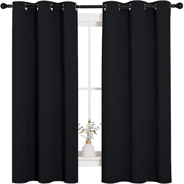 Kolsvarta Solida Termiskt Isolerade Öljett Mörkläggningsgardiner (2 Paneler, 107 cm Breda x 160 cm Långa, Svart)