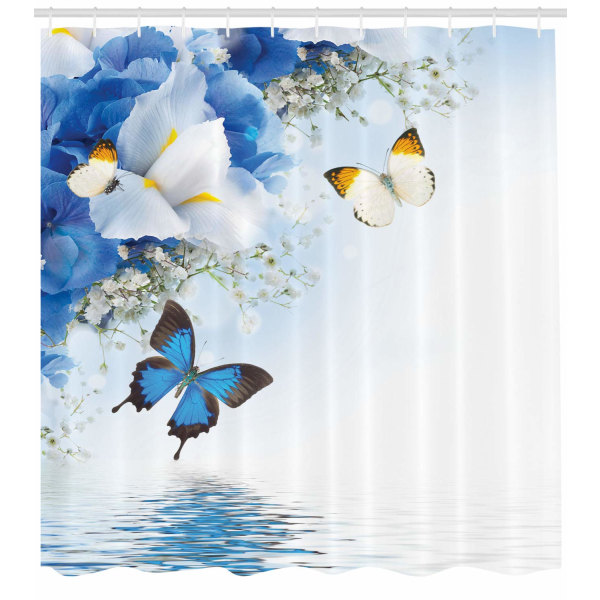 Kukkasuihkuverho, Eksoottisia kukkia lampi, Kangas Kylpyhuoneen set koukuilla, 180cm x 200cm, Sinivalkoinen