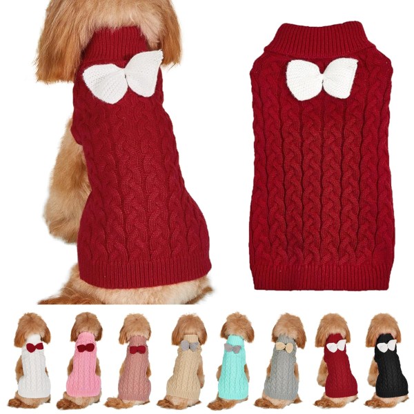 Dog Turtleneck Sweater Bow Dog Jumper Warm Winter Clothes Pullover Knitwear Crochet Dog Coat Christmas Costume for Small Medium Large Dogs Cats (L)