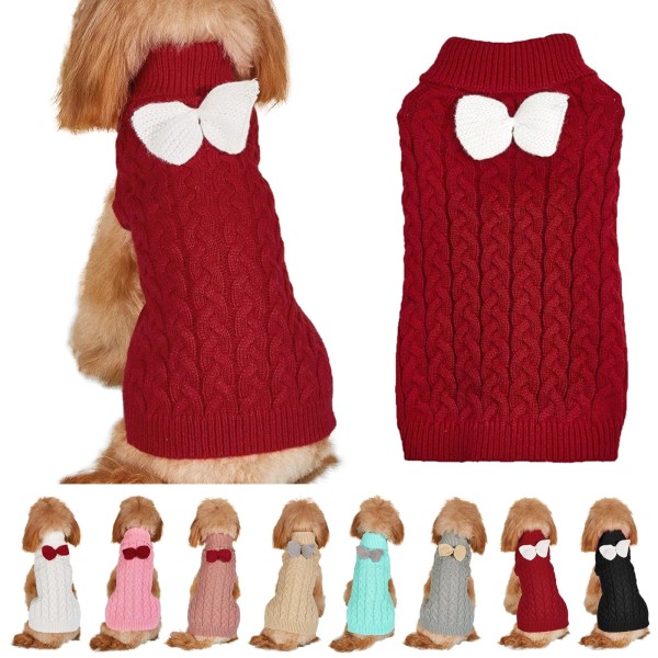 Hundefleece med høy hals og sløyfe - Varm vintergenser i strikk for små, mellomstore og store hunder og katter (L)