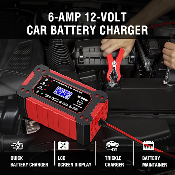12V 6A Batterilader, Smart Batterilader og LCD-skjerm, Bilbatterilader for Biler, Motorsykler, Lastebiler, AGM, Gel, SLA (2Ah-100Ah)