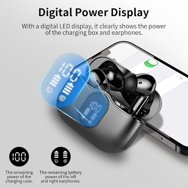Trådlösa hörlurar, Bluetooth 5.3 In-Ear-hörlurar med 4 ENC-brusreducerande mikrofoner, LED-display, trådlösa hörlurar IP7 vattentäta