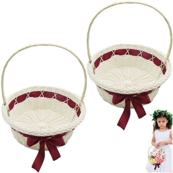 Bryllupsblomsterkurv Rattan Blomsterpikekurv med Håndtak Bryllupsbrudepike Håndholdt Blomsterkurv Rattan, rød, 2 stk