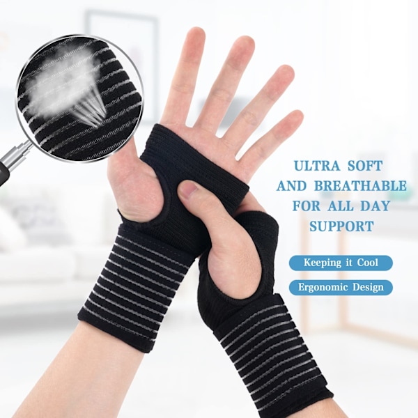 Håndledsstøtte, 2-pak elastisk håndledsstøtte med rem, justerbar håndledskomprimering lindrer håndledssmerter, tendinitis, sportsbrug, højre & venstre (sort)