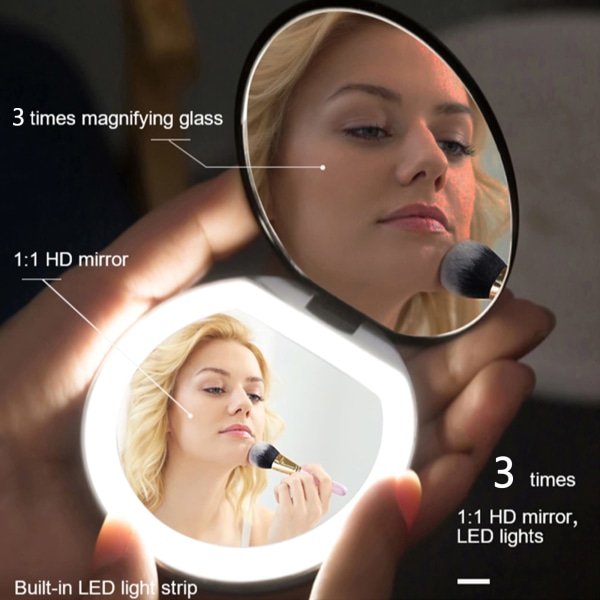 Kompakt forstørrelsesspejl, genopladeligt rejsespejl med lys, lille makeup-spejl, foldbart bærbart spejl, lommespejl til pung (hvid)