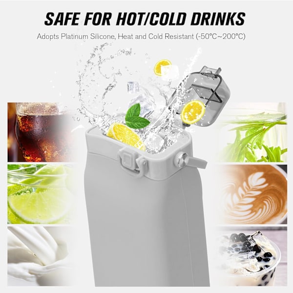 Hopfällbar Vattenflaska, 590 ml Silikon Vikbar Vattenflaska, Återanvändbar Läcksäker Resevattenflaska för Sport, BPA-fri (Grå)