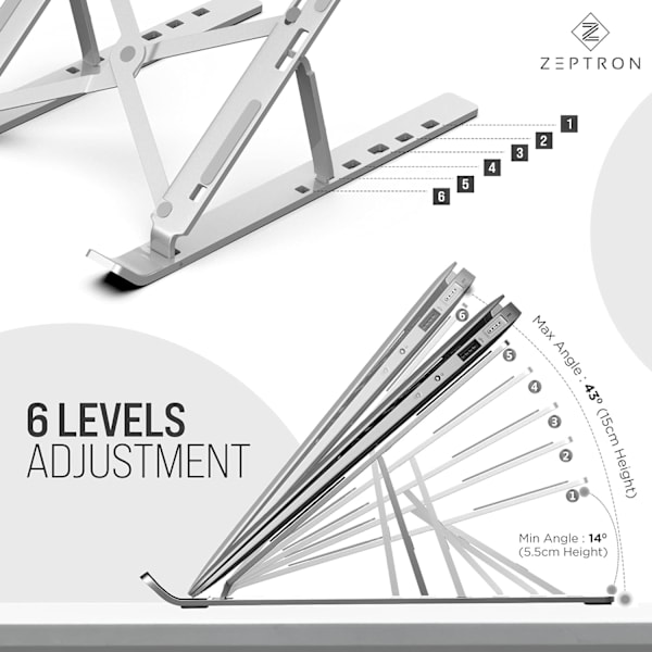 Fällbar bärbar aluminium laptopstativ med 6 nivåers höjdjustering | Kompatibel för 11 tum/11,6 tum/13,3 tum/14 tum/15 tum/15,6 tum (Silver)